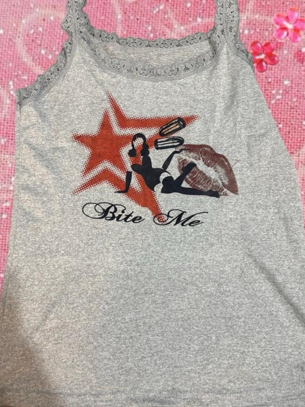 Gray Lace-Trim 'Bite Me' Graphic Tank Top